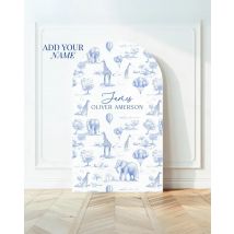 Mehofond Benutzerdefinierter 2-seitiger Hintergrund für Babyparty-Bogen, eleganter blauer rosa Tier-Heißluftballon-Dekor, Safari-Chinoiserie-Hintergrund