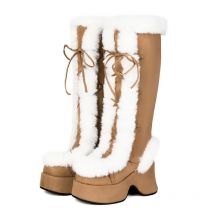8CM Chunk Heels Winter Warm Knee High Boots Women Snow Short Plush Platform Boots Faux Fur Cosplay Lace-up Long Shoes Size 34-43