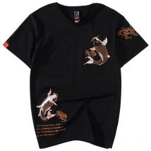 T Shirt Männer Chinesische Stickerei Baumwolle T Shirt Männer Kurzarm Fisch Beiläufige Lose Atmungsaktive Sommer Top Harajuku Streetwear Männlich