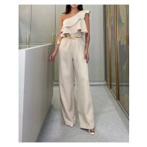 Eleganter One-Shoulder-Overall mit Rüschenverzierung für Damen, gerade Hose mit weitem Bein, einfarbig, formelle Bürokleidung (weißer Gürtel)