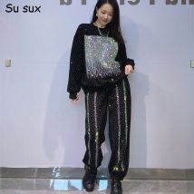Sequins Hooded Long Sleeved Sweatshirt 2 Piece Pant Sets Woman Japanese Korean Fashion Casual Oversized Matching Sets Streetwear