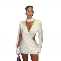 Nsauye Dress For Women Winter 2025 Long Sleeve White Halter Hollow Out Mini Wrap Short Sexy Party Evening Dress Night Club