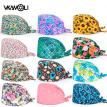 Flower printing Scrub Caps Dental Print Scrubs Hat 100% Cotton Women Men Dust Proof Vet Dentist  Working Hats Tie back cap