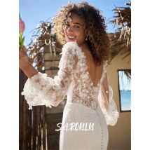 Illusionsrücken-Meerjungfrau-Hochzeitskleid mit schulterfreien Ärmeln, Spitzen-Tüll-Brautkleid, anpassbares Damen-Brautkleid