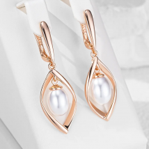 Wbmqda Elegant Pearl Long Drop Earrings For Women 585 Rose Gold Color Fashion Wedding Party Jewelry Accessories