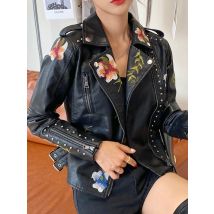 Ailegogo Women Vintage Floral Print Embroidery Short Black Pu Faux Leather Jacket Spring Autumn Female Zipper Coat Retro Outwear