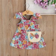 (Mädchen 0-3 Jahre alt) neue Sommer Mädchen Kleid Halfter kleine fliegende Ärmel gekräuselte Blumen Voll druck Umhängetasche Bogen