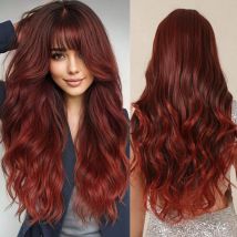 Ombre-rote synthetische Perücke, lange gewellte lockige Perücke mit Pony für Frauen, natürliches Haar, dunkelrote braune Haarperücken für den täglichen Cosplay-Gebrauch