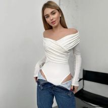 Elegante Frauen sexy schulter freie Langarm Cross V-Ausschnitt Bodys Top hohe Taille schlanke Frühling Sommer Streetwear Bodysuit