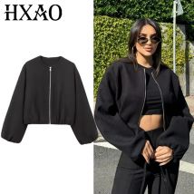 HXAO Jackets Outerwears Crop Black Bomber Jacket Women Autumn Winter Long Sleeve Faux Wool Coats Casual Burgundy Solid Coats