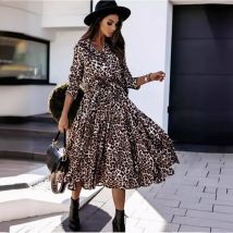Damen Herbst Winter Langarm Kleid mit Leoparden muster V-Ausschnitt Leoparden muster Schnür mittel Länge A-Linie Kleid Straße trendy