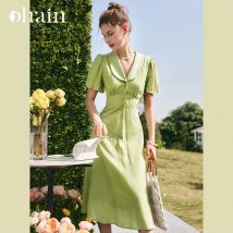 OLrain Hellgrüne Jacquard-lange Kleider 2025, Sommer, Puffärmel, Peter-Pan-Kragen, A-Linie, Knopf, elegantes Damenkleid O22XL56923
