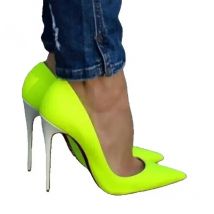 Surkova Neon Yellow 12cm High Heel Pumps White Stiletto Heels Shallow Wedding Shoes Pink Denim Gorgeous Banquet Footwear Size45