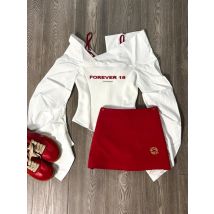 Autumn Y2k Elegant 3 Piece Set Woman Spicy Girls Plaid Bra + White Print Long Sleeve Tops + Red Chic Mini Skirt Korean Fashion