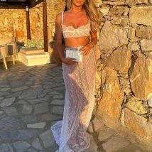Rückenfreier Hosenträgerrock für Damen, zweiteilig, sexy, bodenlang, langer Rock, durchsichtiges Abendkleid mit Spitzenkette