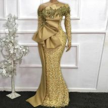 Gold Sequins Long Mother Of Bride Dresses for Wedding Party Mermaid Beaded Lace Full Sleeves Formal Evening Gowns Customized