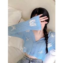 Autumn 2022 Cute Butterfly Knitted Cardigan Women Korean Sexy V-Neck Short Sweater Jacket Summer Long-sleeved Sunscreen Crop Top
