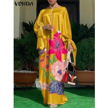 VONDA Oversized Dress Bohemian Women Long Sleeve Satin Party Dress Robe Autumn Vintage Casual Floral Printed Maxi Long Sundress
