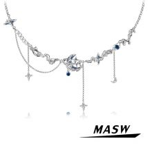 Masw ursprüngliches Design coole hochwertige Messing dicke versilberte blaue Stern Mond Anhänger Halskette für Frauen Schmuck Geschenk