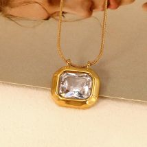 Neue 1 stücke Mode Rechteck mit weißen Zirkonia Anhänger Halskette 42 + 5cm goldene Edelstahl Halskette Frauen Luxus schmuck