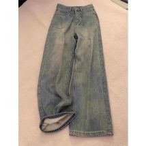 Frauen Hinzufügen Samt Gerade Jeans Herbst Winter Vintage Hohe Taille Breite Bein Verdicken Hosen Weibliche Übergroßen Warme Denim Hosen