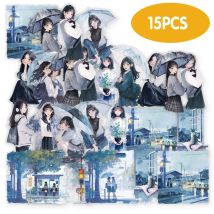 15 Stück Rainy Day Girl Sticker Pack für Laptops, Handyhüllen, Alben, Heimdekoration, DIY-Tagebücher, Sammelalben, Schulbedarf