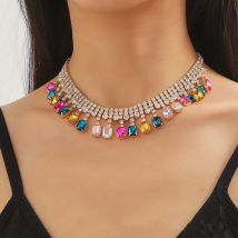 FYUAN Quadratische bunte Kristall-Choker-Halsketten für Frauen, geometrische Schlüsselbeinkette, Halsketten, Statements-Schmuck