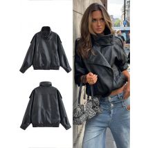 HH Women Jacket Fall 2025 New Black Long Sleeve Turtleneck Faux Leather Jacket Motorcycle Style Personality Fashion Coat Outwear