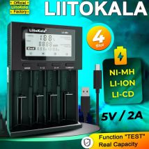 Ładowarka LiitoKala Lii-M4 z 4 gniazdami i wyświetlaczem LCD |   Test pojemności 21700/18650/26650 i ładowanie 1,2 V AA/AAA |   Gniazdo wyjścia USB 4 |   CE/FCC/RoHS
