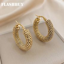 FLASHBUY Edelstahl Gold Farbe Geometrische Metall Mesh Ohrringe Für Frauen Mädchen Neue Trend Hoop Ohr Schmuck Geschenk