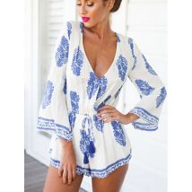 Mode Gedruckt Overall Frau Sommer Sexy V-ausschnitt Overall mit Shorts Elastische Hohe Taille Strand Stil Damen Breite Bein Strampler