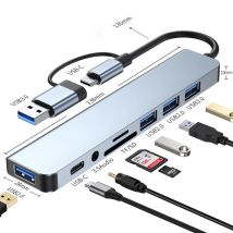 Estación de acoplamiento 8 en 2 USB + tipo C HUB con adaptador de conector de Audio de 3,5mm lector de tarjetas Micro SD portátil tableta teléfono convertidor de disco
