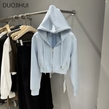 Duojihui blau klassische Kapuze Mode Kordel zug Frauen Hoodies Frühling locker lässig schick Reiß verschluss einfarbig einfache weibliche Hoodies