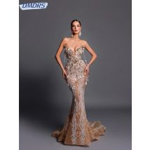 Champagner Luxus Meerjungfrau Langes Abendkleid Sexy Illusion Tiefem V-ausschnitt Ballkleider Angepasst Perlen Cocktailkleid Für Frauen