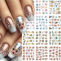 12 wzorów świątecznych naklejek na paznokcie z wodnym znakiem: piernikowy ludzik, renifer, kokarda, płatek śniegu, drzewko, Święty Mikołaj, naklejki wodne, dekoracje do manicure świątecznego