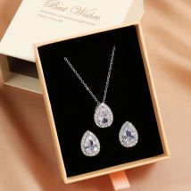 ZAKOL 2-teilige klassische Wassertropfen-Zirkon-Ohrring-Halsketten für Frauen, luxuriöser glänzender Kristall-Hochzeitsschmuck mit Geschenkbox