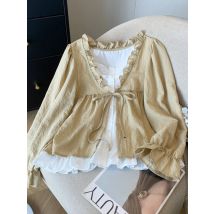 Koreanische Casual Süße Pilz Spitze Kragen frauen Shirt Top Herbst Neue Frauen Mode Gefälschte Zwei-Stück Spitze up Langarm Hemd