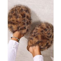 Warm Faux Fur Indoor Fluffy Slippers For Women Autumn Winter House Shoes Leopard Color Anti-slip Female Home Floor Cotton Slides