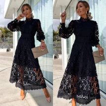 Woman Lady Female Sexy Girl Hollowed Out Long Sleeved Stand Up Collar Lace Dress Flower Color Ful Solid Autumn Winter