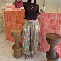 KONDALA Vintage Boho Plaid Lose Hosen Elastische Laterne Hosen Mode 2025, Herbst Urlaub Streetwear Hosen Elegante Frauen Hosen