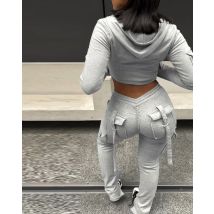 Reißverschluss-Design mit freiliegendem Nabel, Kapuzen-Sweatshirt und Kordelzug, Arbeitshose mit V-förmiger Taille, Sporthose, langes Hosen-Set