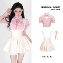 2026 Frühling Sommer Neu Süßes Mädchen-Uniform-Set: Rosa Hemd & Aprikosenfarbenes Trägerkleid – Sexy JK-Schuluniform für Mädchen
