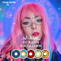 VISUASHOW Cosplay Farbige Augenlinsen Anime Zubehör ED Blau Rot Mehrfarbige Linse -1,00 bis -8,00 Jahresmyopie Kontaktlinsen