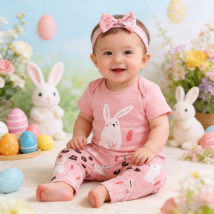 Neugeborenes Baby Mädchen Set Rundhals Niedlicher Hasen-Print Strampler+Hose+Schleife 3-teilig 0-18 Monate Baby Mädchen Anzug Sommer Casual Set