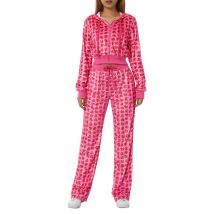 Spring/Fall Basic Tracksuit Velour Suit Zipper Up Heart Printed Pink Sweatshirt+Straight-leg Pant Women Velvet 2 Piece Set Women