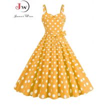 Polka Dot Party Dress Elegant Women Summer Puff Sleeve Square Collar Elastic Waist Vintage Midi Sundress Casual Beach