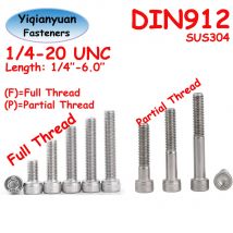 Yiqianyuan 1/4-20 UNC Thread DIN912 SUS304 Stainless Steel Hex Socket Knurled Cap Head Screws Allen Bolts Full/Partial Threaded