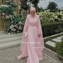 Qunque Vintage Rosa Arabisch Abendkleid Cape Angepasst Chiffon Roben De Soirée Frauen Robe Femme Musulmane Vestidos De Fiesta
