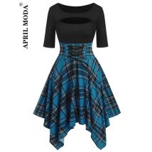 Unregelmäßiger Punk Gothic Plaid Print Party kleid Langarm schwarz Harajuku ästhetische Hip Hop Urlaub Atchwork Schnürung Mini kleider