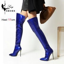 Long Boots for Women Dark Blue Pointed Toe Metal Stiletto Heel Patent Leather Over-the-Knee Female Shoes Large Size Short Plush